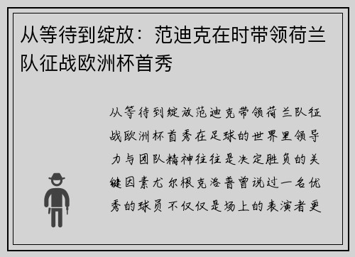 从等待到绽放：范迪克在时带领荷兰队征战欧洲杯首秀