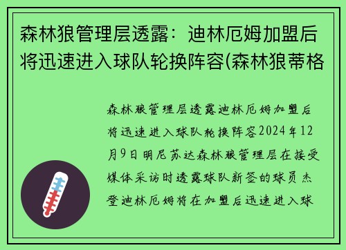 森林狼管理层透露：迪林厄姆加盟后将迅速进入球队轮换阵容(森林狼蒂格)