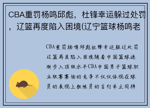 CBA重罚杨鸣邱彪，杜锋幸运躲过处罚，辽篮再度陷入困境(辽宁篮球杨鸣老婆)