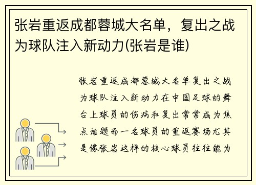 张岩重返成都蓉城大名单，复出之战为球队注入新动力(张岩是谁)