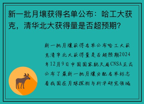 新一批月壤获得名单公布：哈工大获克，清华北大获得量是否超预期？