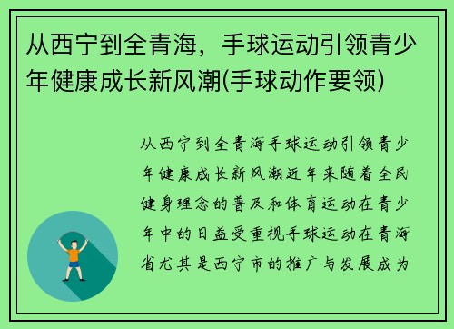 从西宁到全青海，手球运动引领青少年健康成长新风潮(手球动作要领)