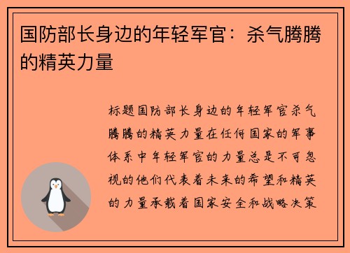 国防部长身边的年轻军官：杀气腾腾的精英力量