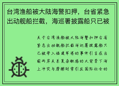 台湾渔船被大陆海警扣押，台省紧急出动舰船拦截，海巡署披露船只已被带入福建军港