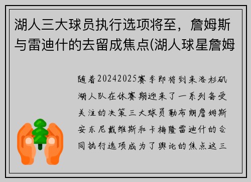 湖人三大球员执行选项将至，詹姆斯与雷迪什的去留成焦点(湖人球星詹姆斯)