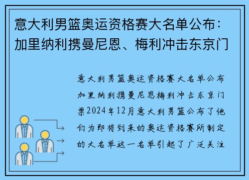 意大利男篮奥运资格赛大名单公布：加里纳利携曼尼恩、梅利冲击东京门票