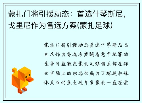 蒙扎门将引援动态：首选什琴斯尼，戈里尼作为备选方案(蒙扎足球)