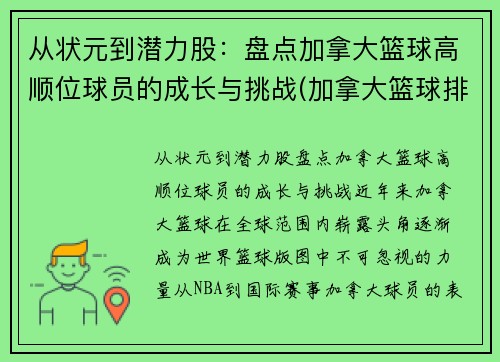从状元到潜力股：盘点加拿大篮球高顺位球员的成长与挑战(加拿大篮球排名)