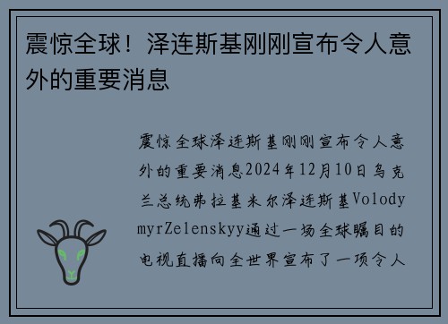 震惊全球！泽连斯基刚刚宣布令人意外的重要消息
